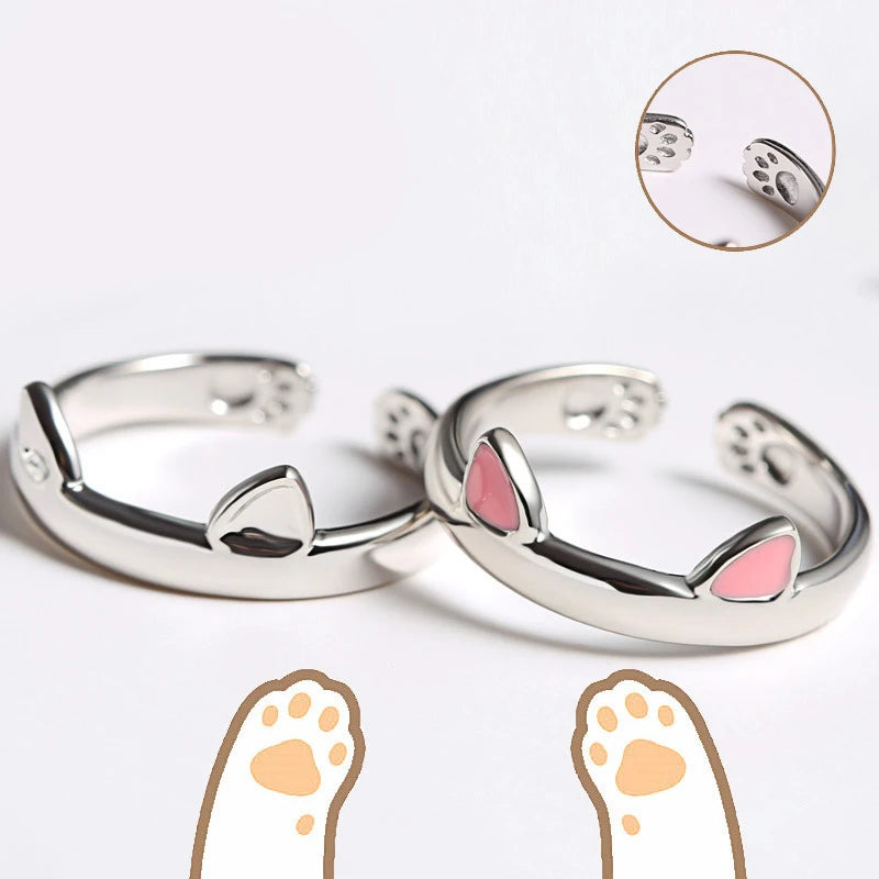 2pcs Y2K Cute Cat Paw Print Ring Women Girls Adjustable.