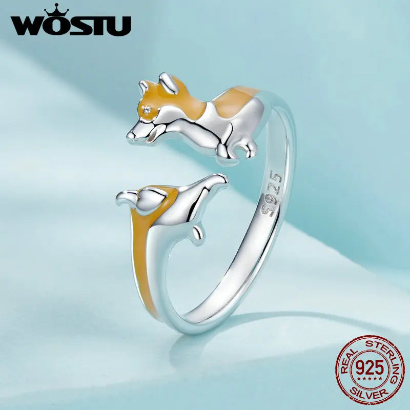 Silver Cute Yellow Corgi Opening Ring.