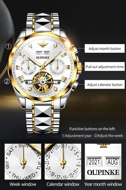 OUPINKE 3186 High Quality Luxury Skeleton Flywheel Automatic Watch for Men 5Bar Waterproof Dual Calendar Brand Men&