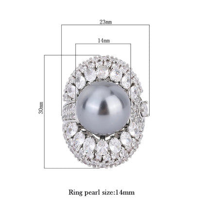 Charms 14MM White Black Big Pearl Adjustable Rings for Women Lab Diamond Cocktail Party Fine Jewelry Wedding Accessories Gifts