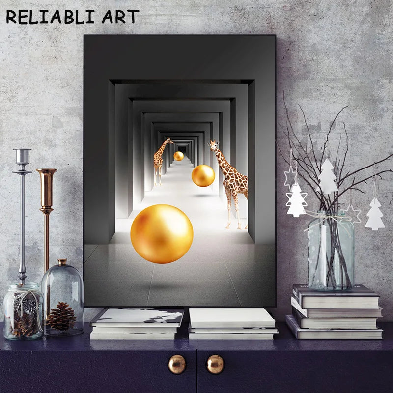 Modern Animal Elephant Giraffe Zebra Metal Ball Abstract Canvas Painting Wall Art For Living Room Home Decor No Frame