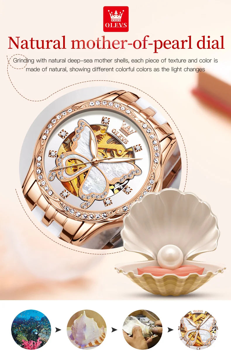 OLEVS 6622 Diamond Luxury Woman Automatic Watch Butterfly Original Mechanical Watch For Women Waterproof Luminous Hand Clock