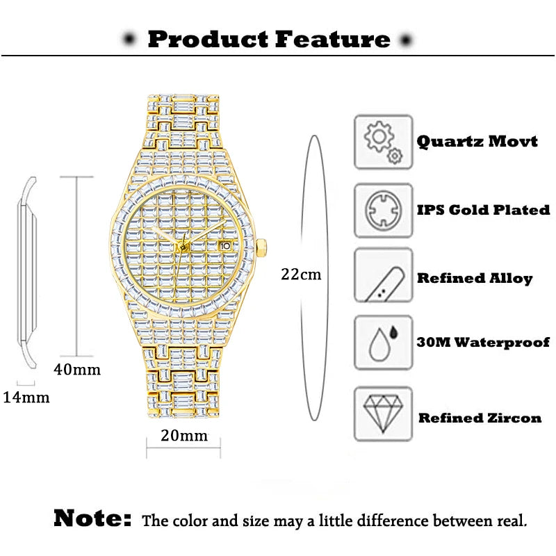 Men's Watch Cover Baguette Gem Luxury Gold Stylish 40mm Quartz Wristwatches For Man Waterproof Calendar Diamond Clock Droship