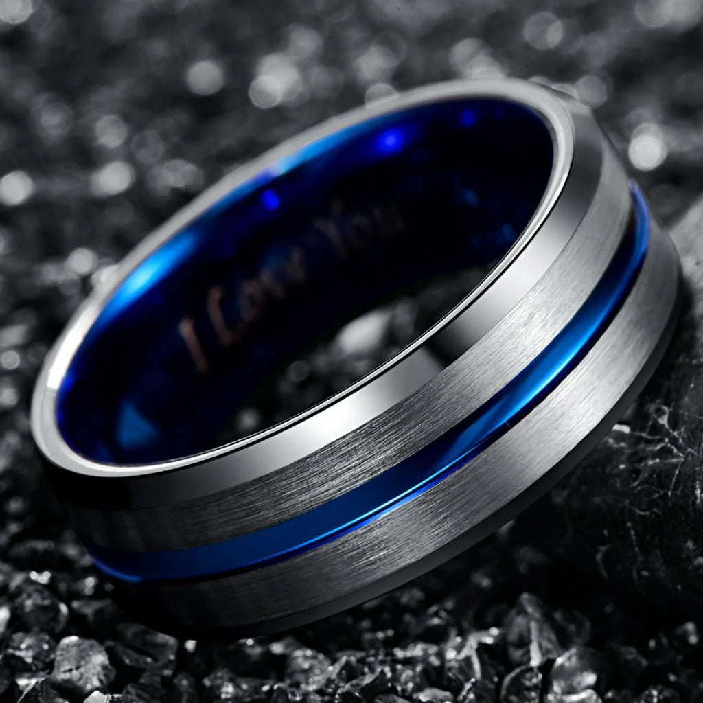 Tungsten Carbide Ring Blue & Black Matte Finish Beveled Edge Engagement Rings Size 6 to 14