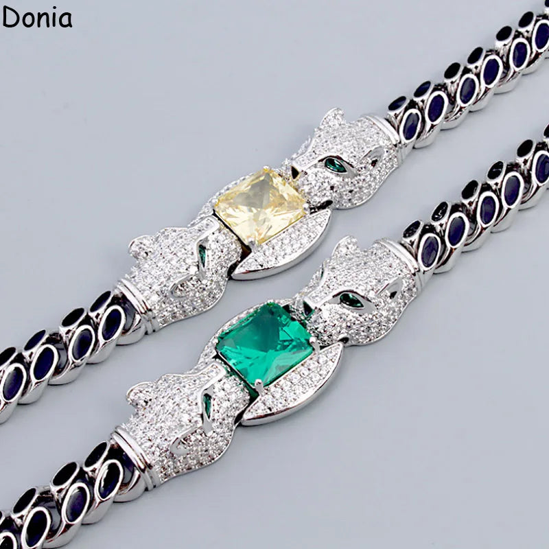 Donia jewelry European and American vintage double headed leopard micro Mosaic AAA zircon men&