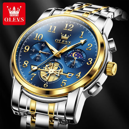 Original OLEVS Brand Quartz Watch for Men Moon Phase Auto Date Stainless Steel Waterpoof Wristwatch Men TOP Brand Business Watch