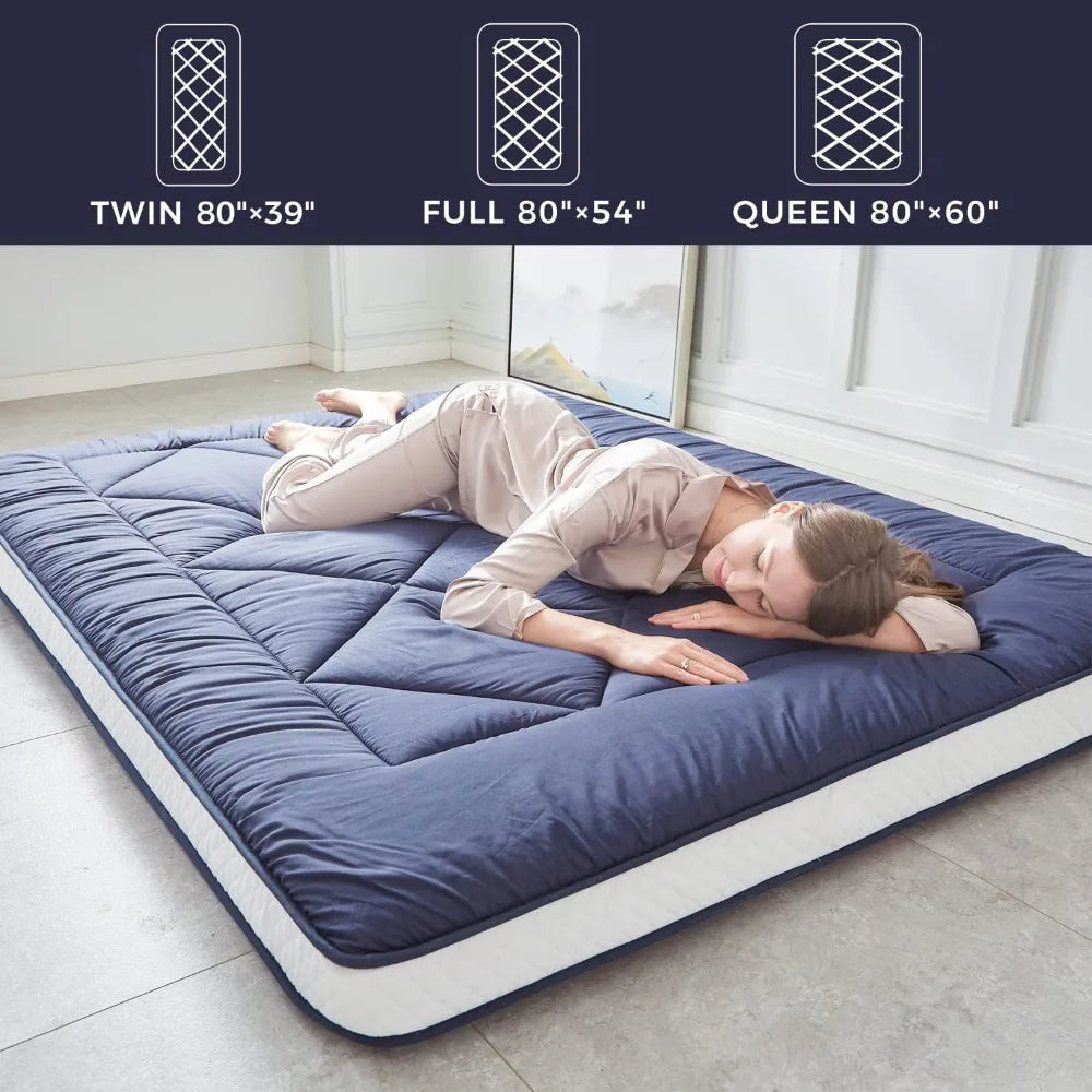 Japanese Floor Mattress Futon Mattress, Thicken Sleeping Mattress Foldable & Portable Roll Up Camping Mattress, Blue Queen