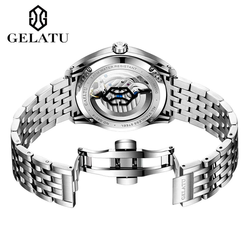 GELATU Luxury Brand Men's Watches Relief Design Automatic Mechanical Watch Stainless Steel Strap Original Male Wristwatch Trend