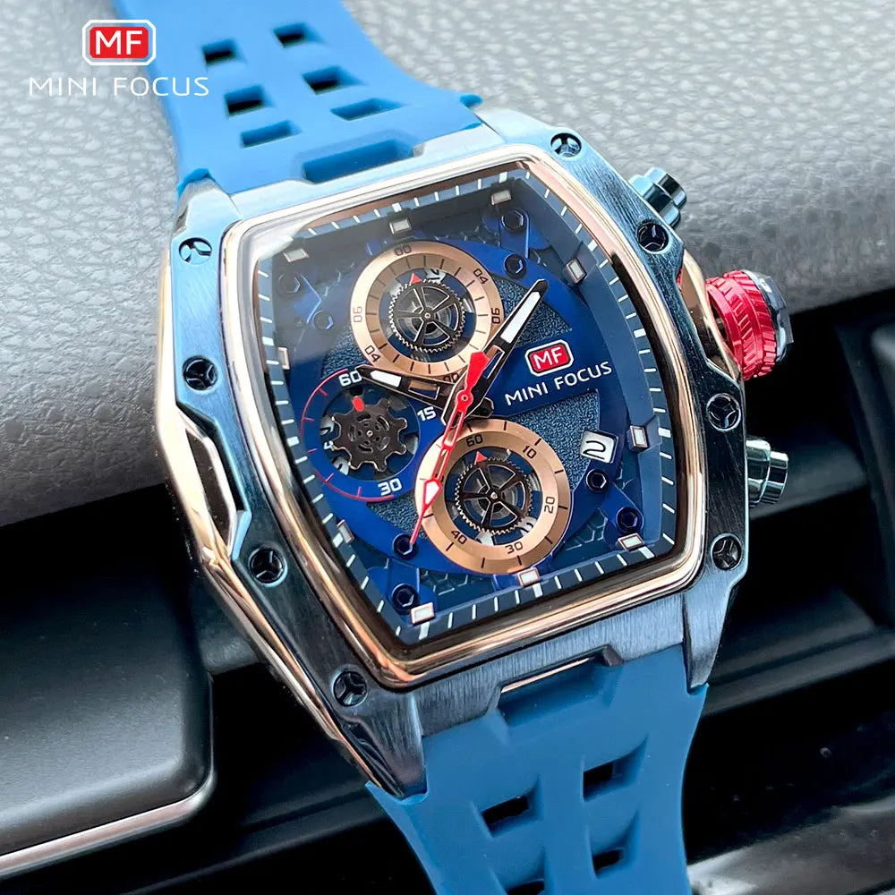 MINI FOCUS Blue Quartz Watch Men Fashion Military Sport Chronograph Wristwatch with Luminous Hands Auto Date Silicone Strap