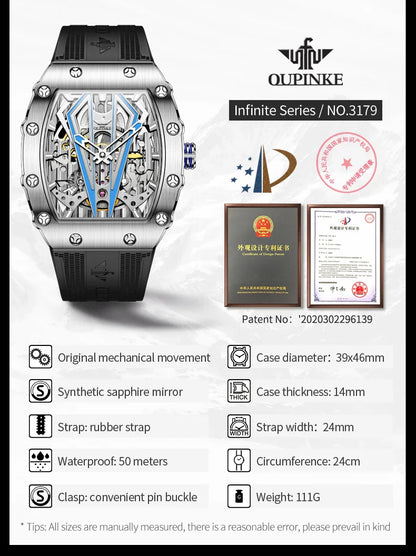 OUPINKE 3179 Automatic Watch for Men Silicone Strap Sapphire Mirror Waterproof Skeleton Mechanical Men&