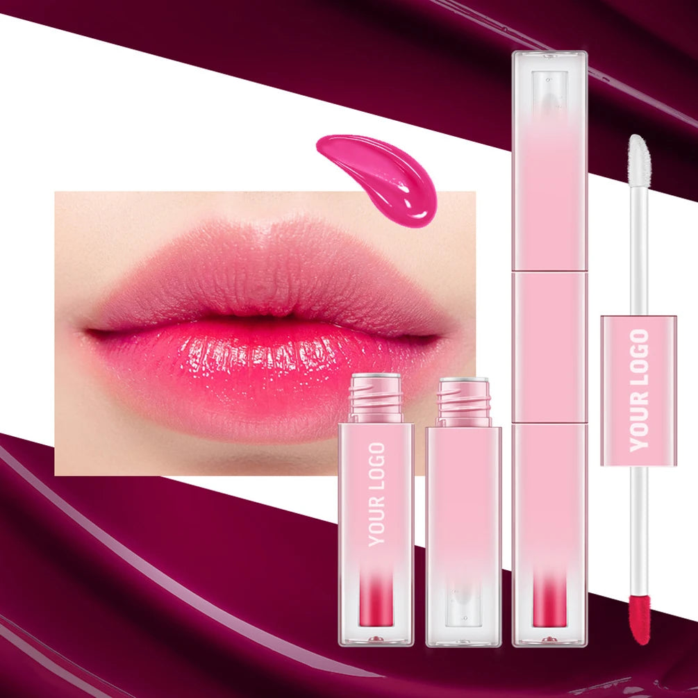 Custom 7colors Gradient Pink Tube Lipgloss Non-stick Cup Matte Waterproof 2in1 Double-head Long Lasting Hydrating Lip Oil Makeup