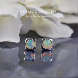 ITSMOS Precious Opal Earrings 925 sterling silver 6mm Round Opal Natural Gemstone Studs Square Piercing Earrings for Women Gift