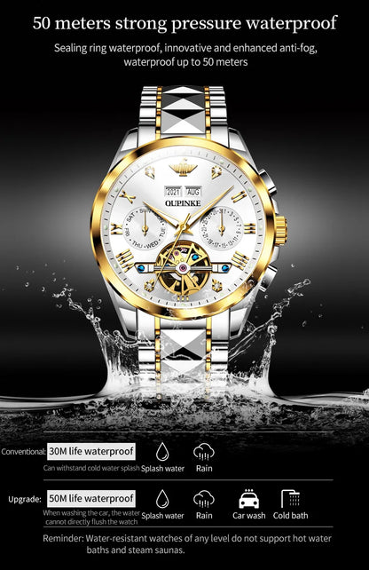 OUPINKE 3186 High Quality Luxury Skeleton Flywheel Automatic Watch for Men 5Bar Waterproof Dual Calendar Brand Men&