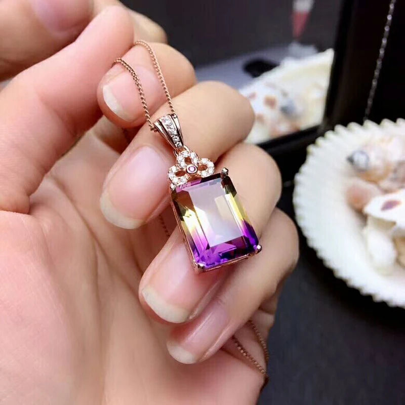 MeiBaPJ Natural Ametrine 925 Sterling Silver Necklace Earrings and Rings Jewelry Set for Women Wedding Party Fine Jewelry