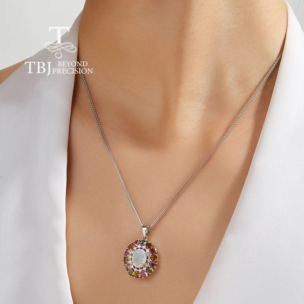 Multi-colored Natural Opal Tourmaline Gemstone Pendant Necklace for women S925 silver light luxury gorgeous fine jewelry