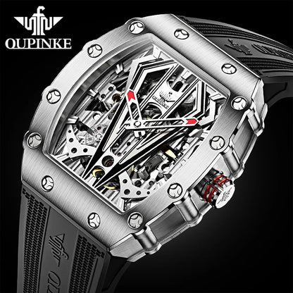 OUPINKE Mens Watches Luxury Brand Automatic Mechanical Wristwatch Fashion Skeleton Silicone Strap Sports Waterproof  Watch Men