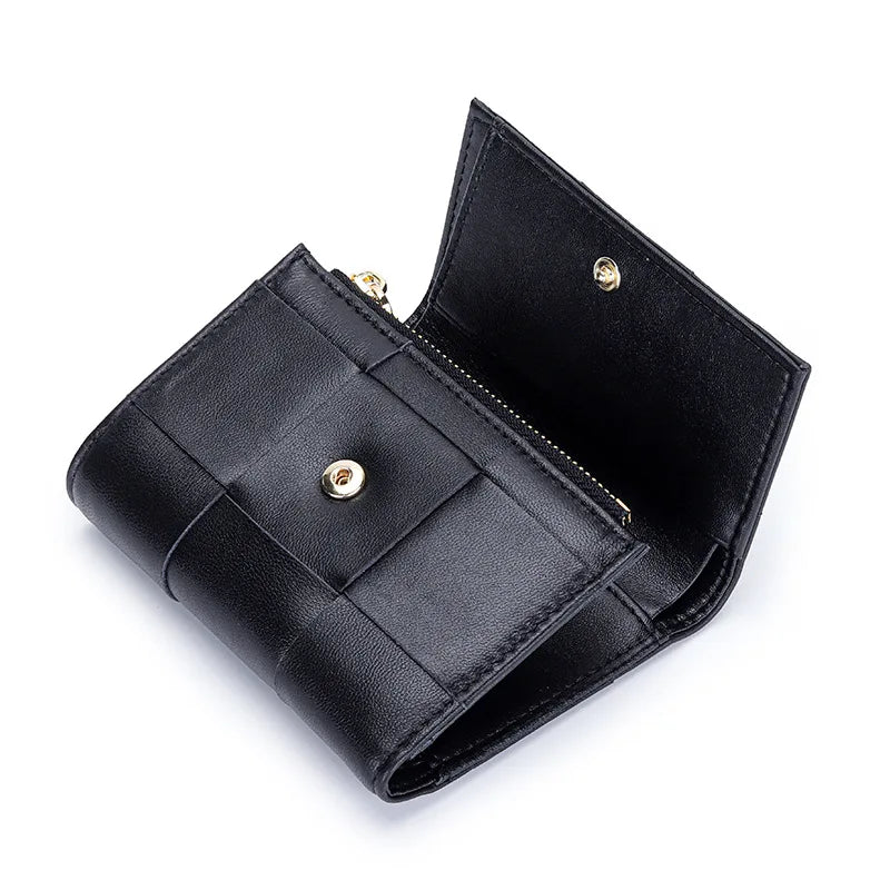 Brand New Short Wallet Fashion Women Genuine Leather Coin Purses Sheepskin Weave Female Card Holders Luxury 3-fold Money Clip