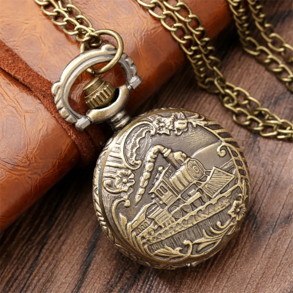 Vintage Retro Bronze Hollow Train Locomotive Steampunk Quartz Pocket Watch Women Men Necklace Pendant with Chain Birthday Gift