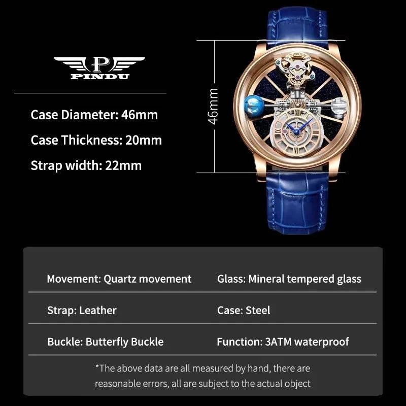 PINDU Design Men Watches Celestial Series Curved Mirror Transparent Design Roman Numeral Scale Waterproof Leather Watch for Men