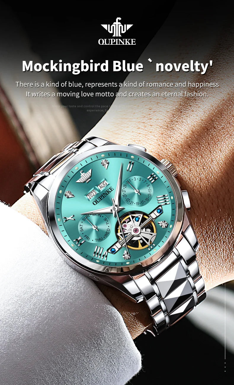 OUPINKE 3186 High Quality Luxury Skeleton Flywheel Automatic Watch for Men 5Bar Waterproof Dual Calendar Brand Men&