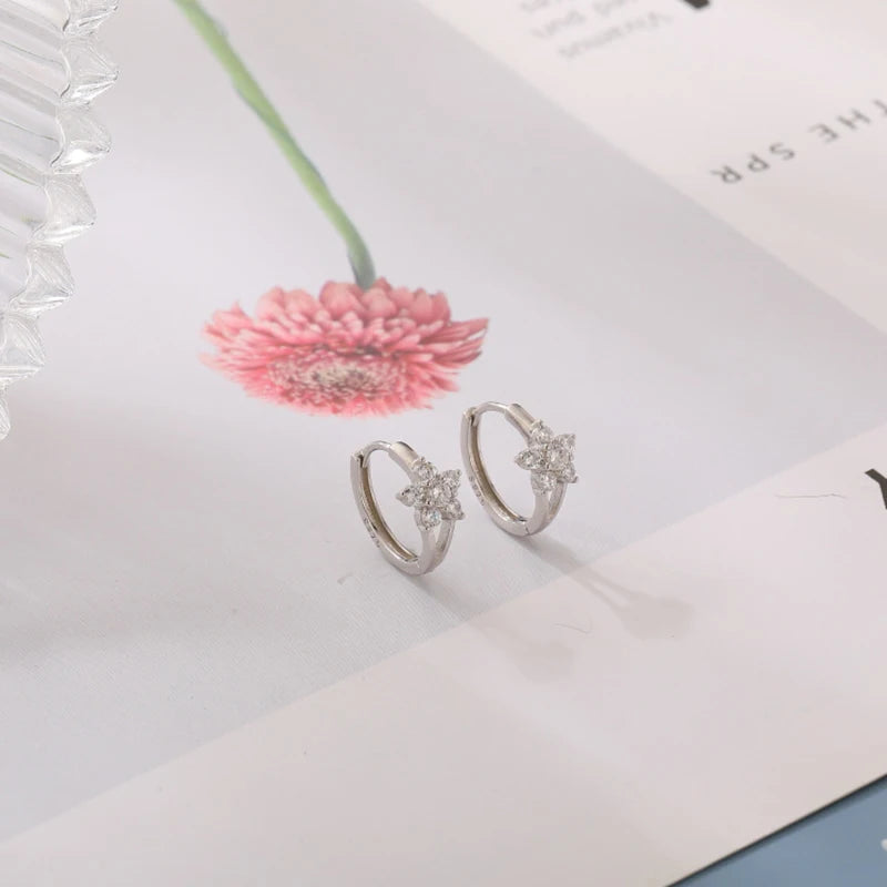 Solid 925 Sterling Silver Jewelry New Crystal Zircon Flower Hoop Earrings For Women Fashion XY0151