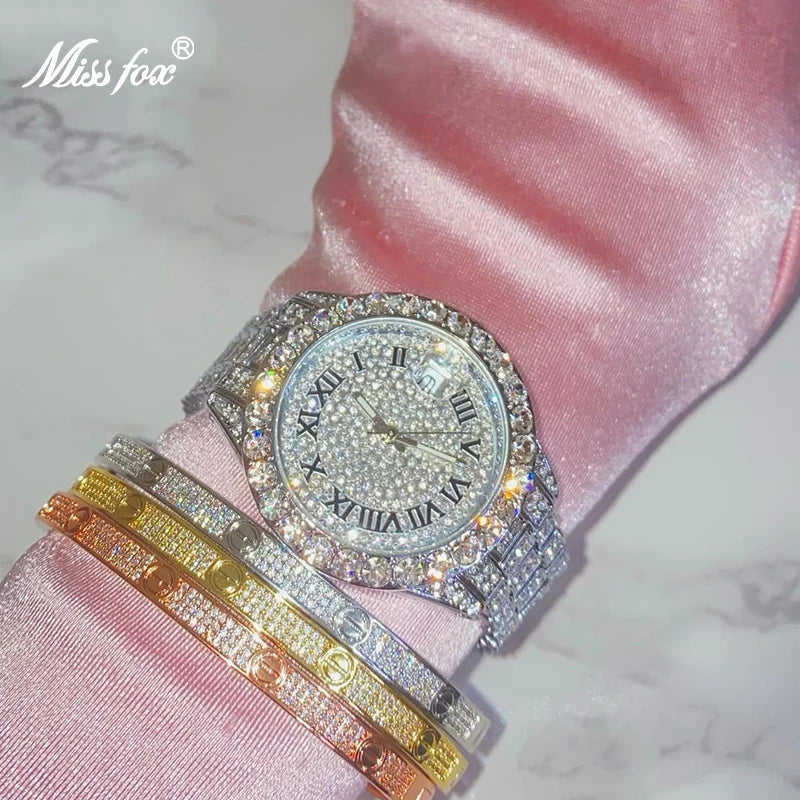 Lady Watch Luxury Bling Bling Diamond Elegant Evening Dresses Quartz Watches For Women Calendar Small Mini Pink Dial Wristwatch