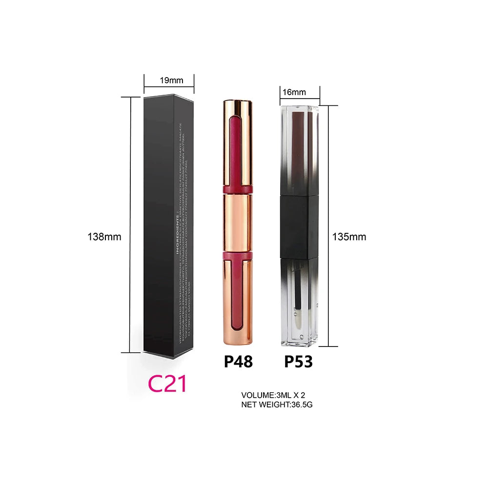 Double head liquid lipstick with packaging, matte finish, long-lasting formula, ideal for creating a private label lip gloss brand.