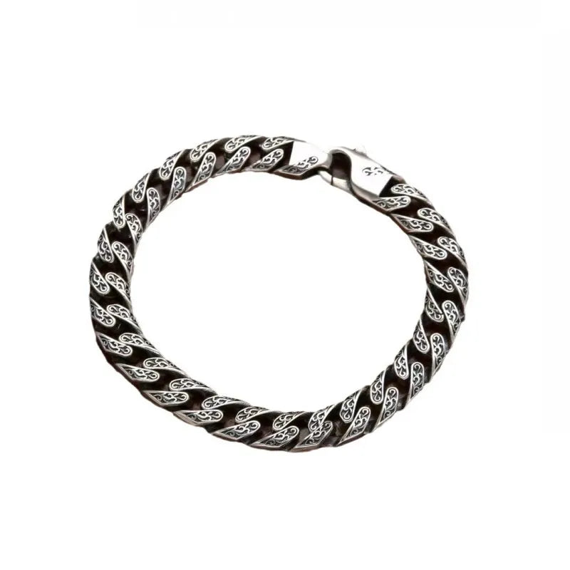 NewS925 Sterling Silver Vintage Personalized Punk Trendy Cuban Chain Vine Grass Pattern Bracelet Men