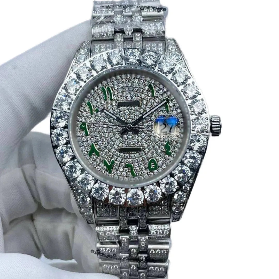 Men's 41mm Waterproof Calendar Watch with Full Diamond Dial