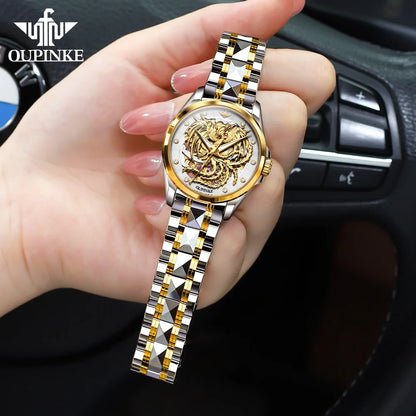 OUPINKE Luxury Carving Phoenix Women Automatic Mechanical Watches New Waterproof Lady Wrist Watch Casual Fashion Watch for Women