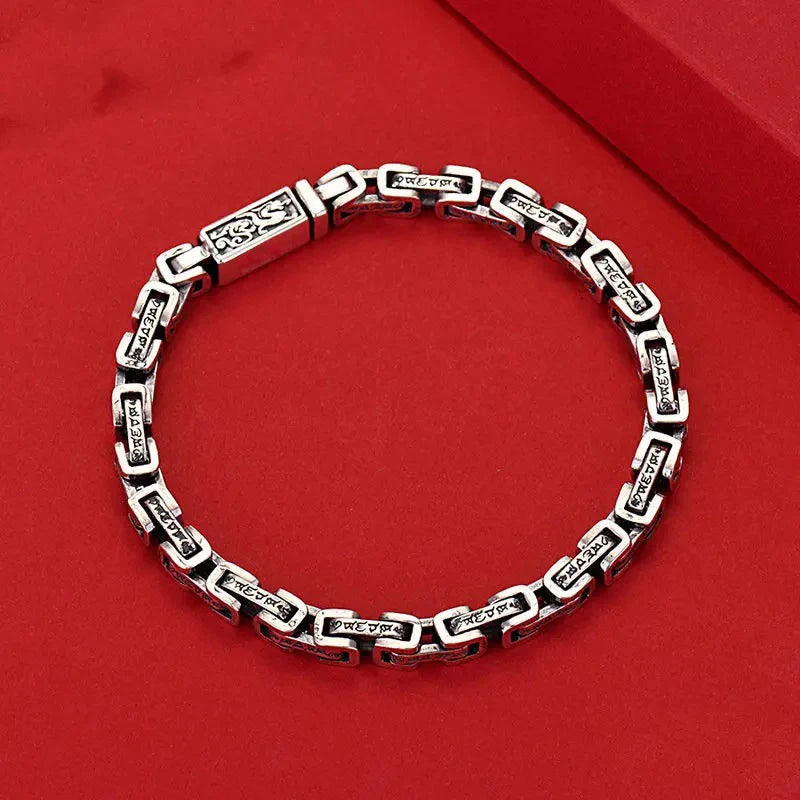 Silver Vintage Bracelet Square Dragon Pattern.