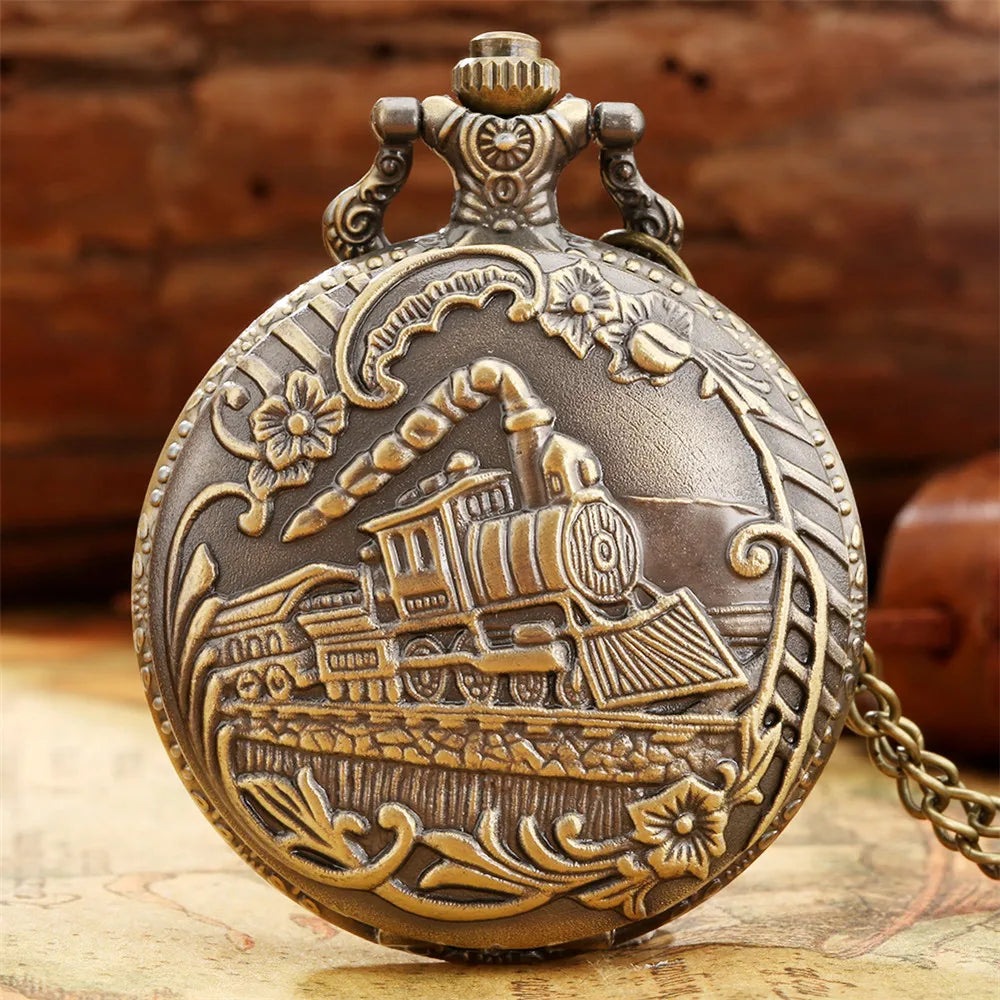 Vintage Retro Bronze Hollow Train Locomotive Steampunk Quartz Pocket Watch Women Men Necklace Pendant with Chain Birthday Gift