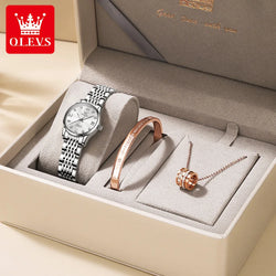 OLEVS Women's Mechanical Watch Bracelet Sets Classic Silver Watchstrap Ladies Wristwatches Elegant Luxury Brand Watch for Women