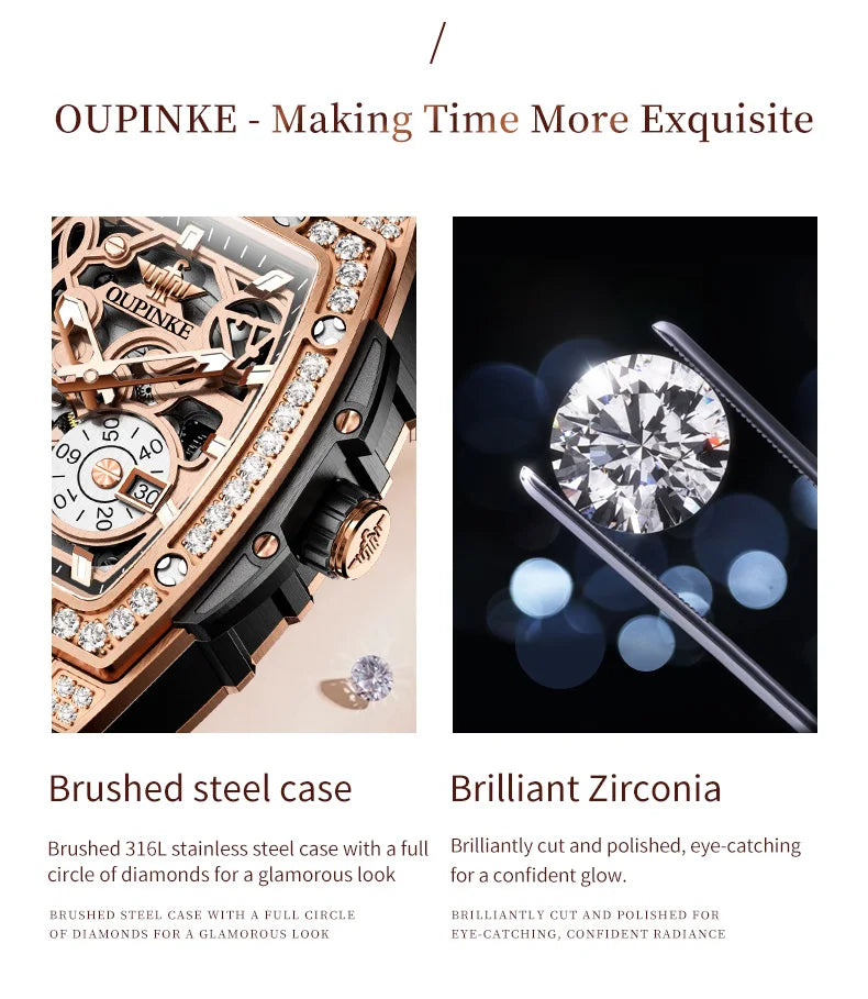 OUPINKE 3220 Diamond Woman Mechanical Watch Hollow Out Chronograph Automatic Watch for Women Luxury Elegant Ladies Wristwatch