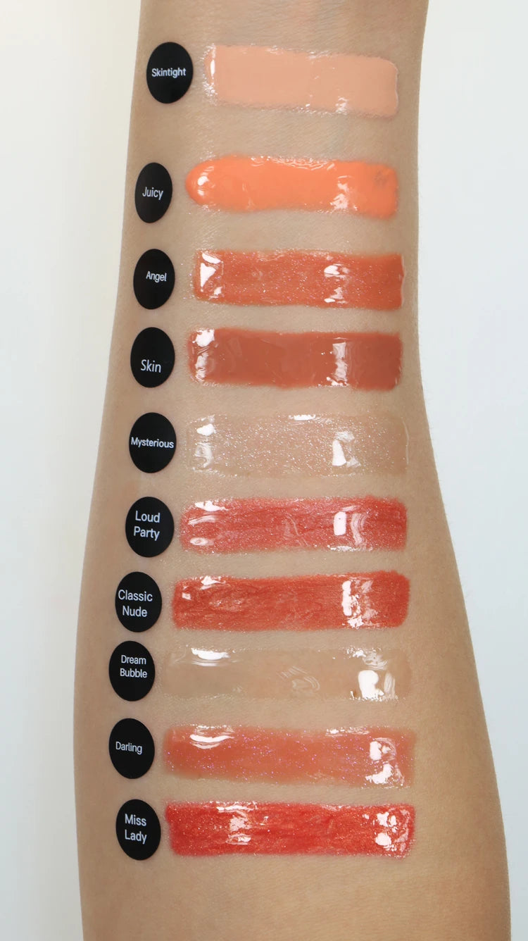 Variety of matte lipgloss swatches on arm showcasing multiple vibrant colors from the Best Selling 24 Hours Long Lasting Double Head collection.