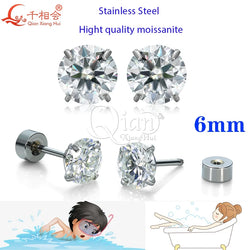 silver color 6mm and 8mm round white D vvs Moissanite Stainless steel studs earrings jewelry Bathing and swimming men women