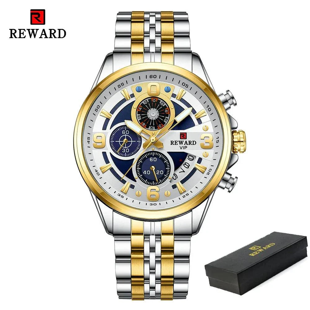 REWARD New Mens Watches Stainless Steel Luxury Waterproof Chronograph