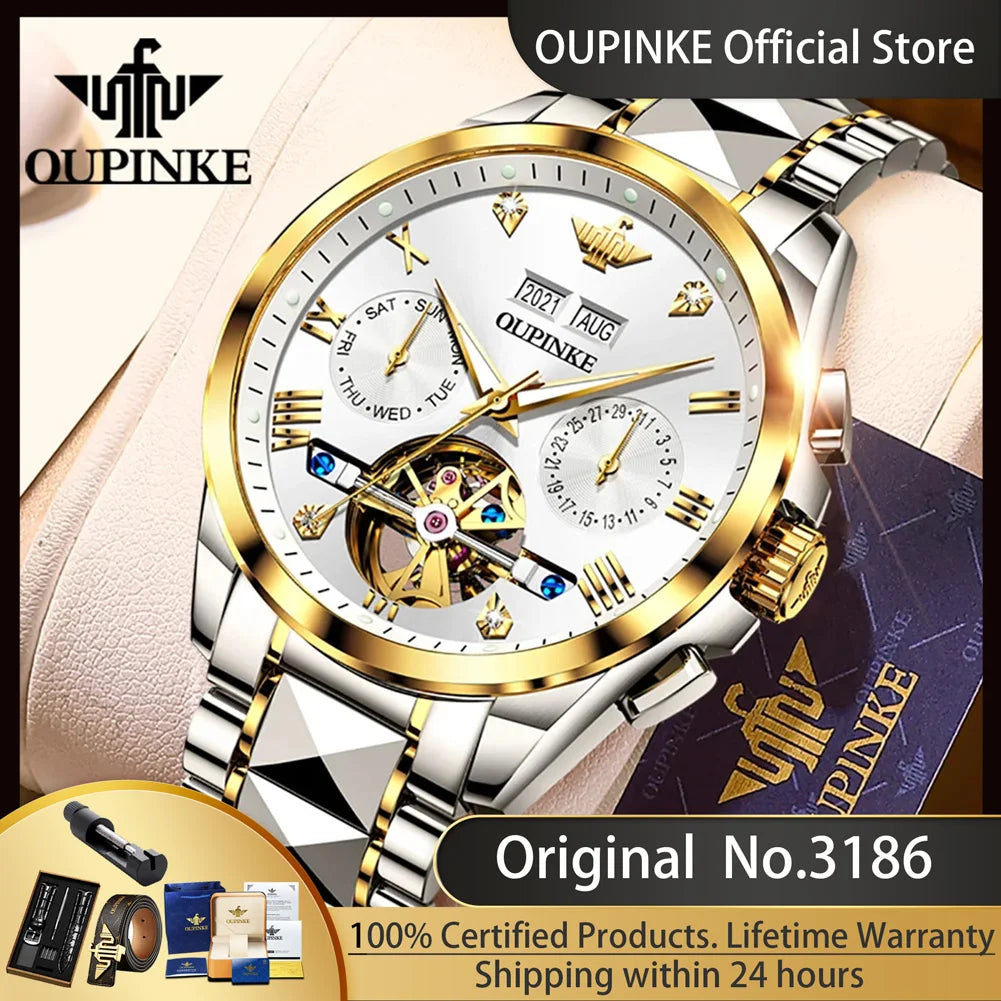 OUPINKE 3186 High Quality Luxury Skeleton Flywheel Automatic Watch for Men 5Bar Waterproof Dual Calendar Brand Men&