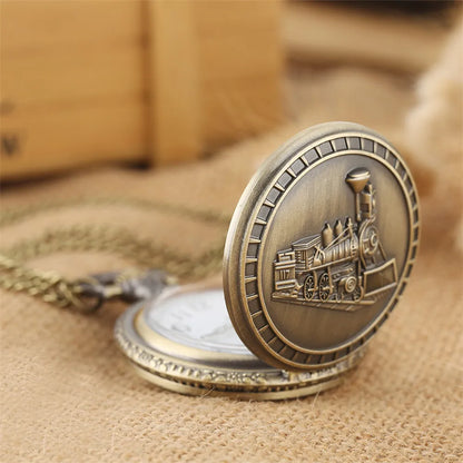 Vintage Retro Bronze Hollow Train Locomotive Steampunk Quartz Pocket Watch Women Men Necklace Pendant with Chain Birthday Gift