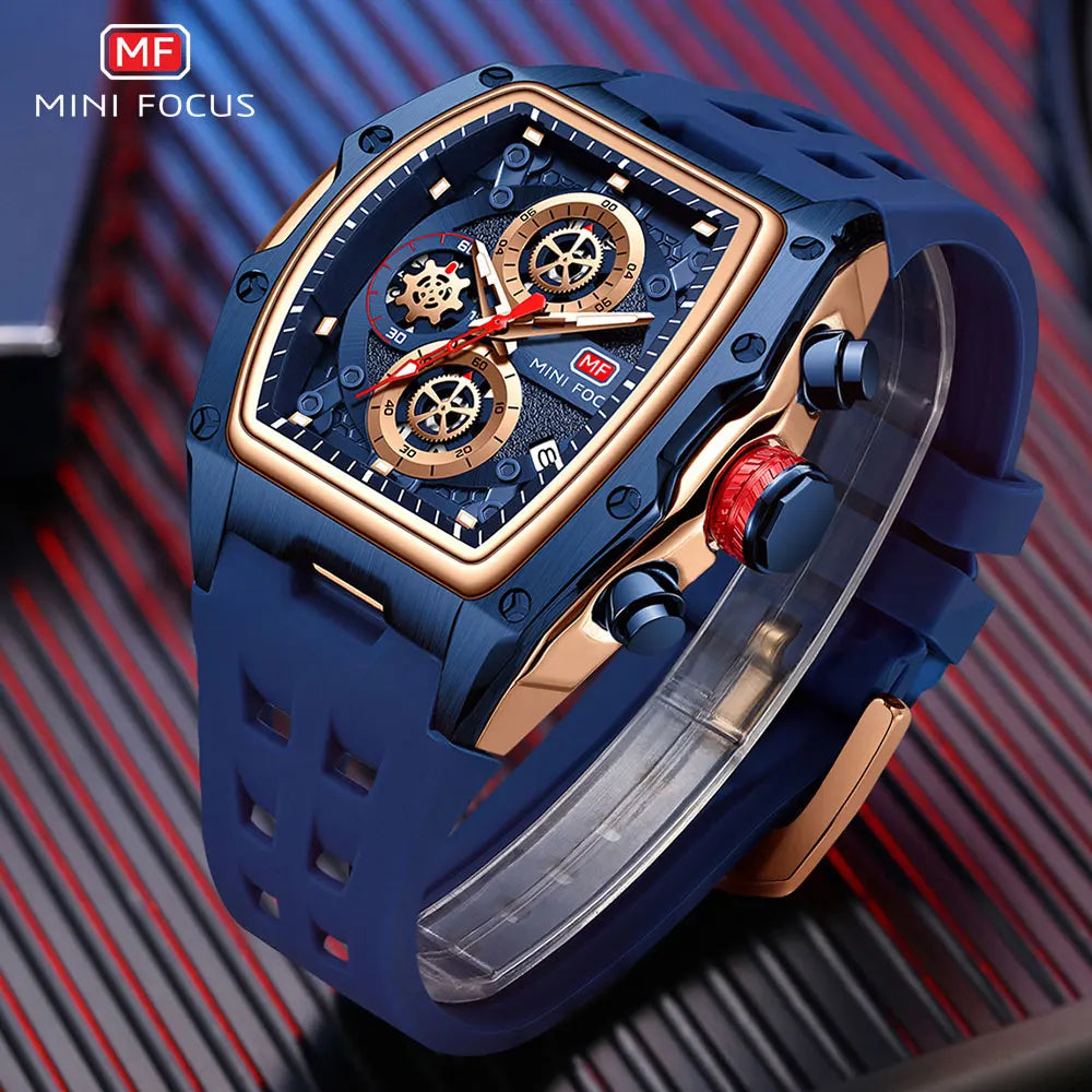 MINI FOCUS Blue Quartz Watch Men Fashion Military Sport Chronograph Wristwatch with Luminous Hands Auto Date Silicone Strap