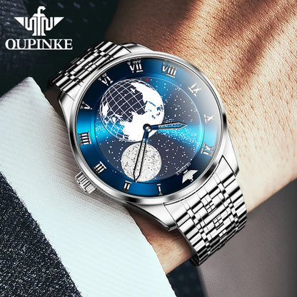 OUPINKE 3230 Men Watch Luxury 3D Earth Starry Sky Moon Phase Rotating Dial Business Waterproof Men Automatic Mechanical Watch