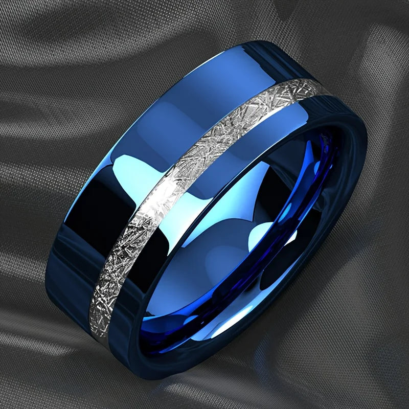 Introducing the Fashion Blue Stainless Steel Ring for Men with Vintage Silver Color Meteorites Inlaid: