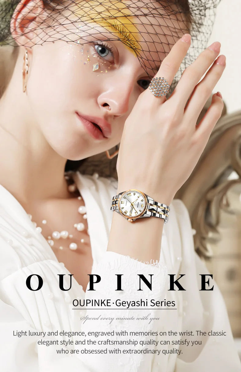 OUPINKE 3171 Women Watch Top Original Luxury Brand Automatic Mechanical Watch Waterproof  Date week Watches For Women Freebie