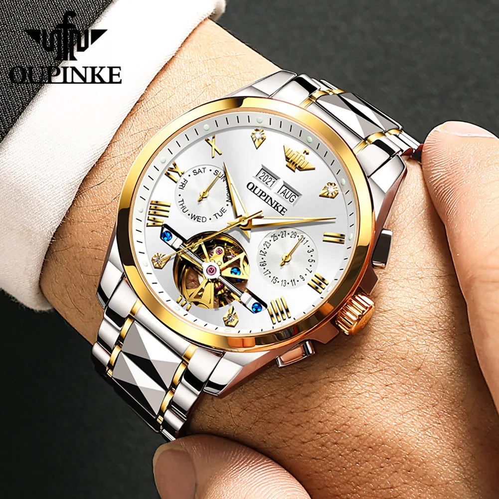 OUPINKE 3186 High Quality Luxury Skeleton Flywheel Automatic Watch for Men 5Bar Waterproof Dual Calendar Brand Men&