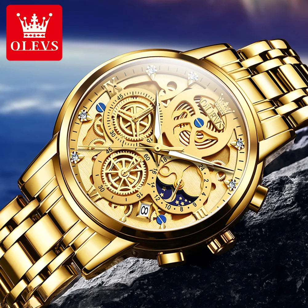 OLEVS Premium Luxury Men's Watches Atmosphere Moon Phase Calendar Quartz Wristwatch Waterproof Luminous Stainless Steel Original