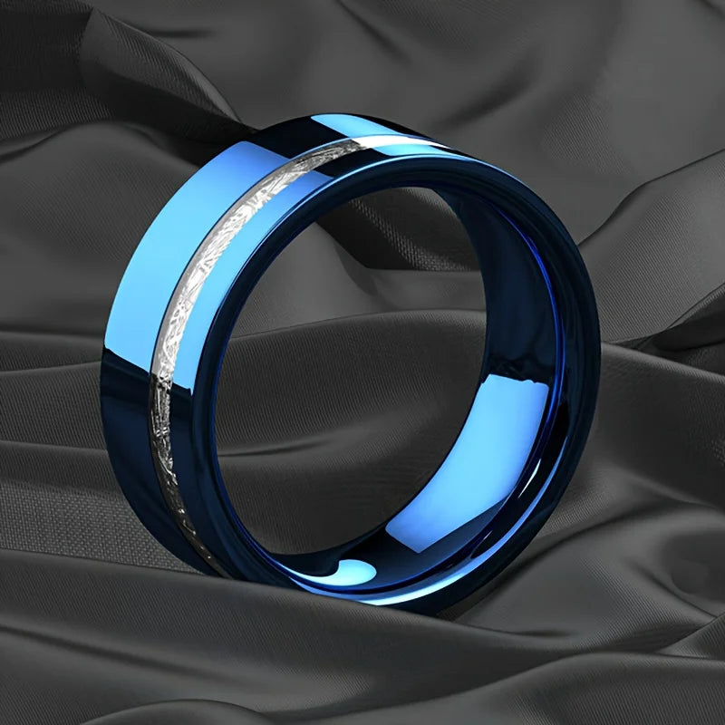 Introducing the Fashion Blue Stainless Steel Ring for Men with Vintage Silver Color Meteorites Inlaid: