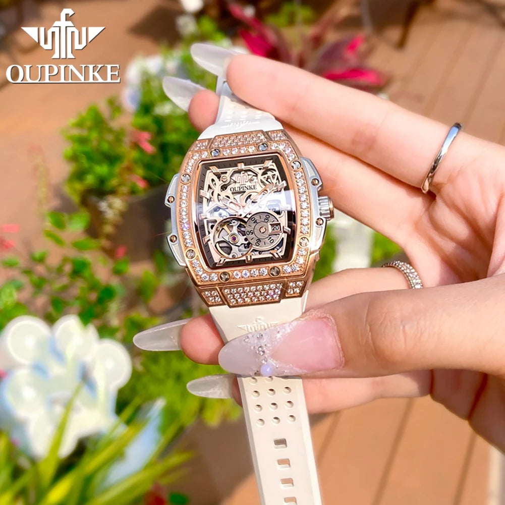 OUPINKE 3220 Diamond Woman Mechanical Watch Hollow Out Chronograph Automatic Watch for Women Luxury Elegant Ladies Wristwatch