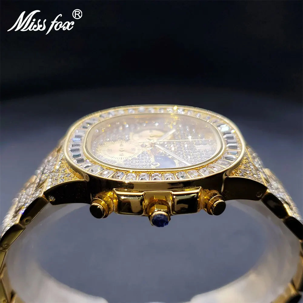 Luxury Gold Watch For Men Hip Hop Jewelry Multifunctional Moon Phase Watches Power By Battery Square Diamond Clock Droshipping