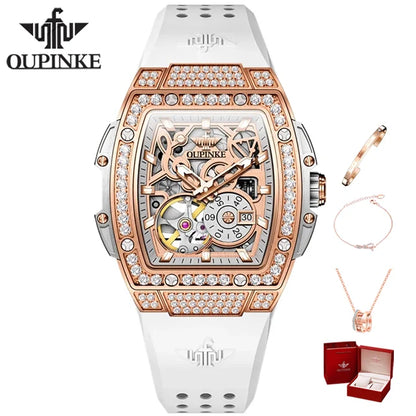 OUPINKE 3220 Diamond Woman Mechanical Watch Hollow Out Chronograph Automatic Watch for Women Luxury Elegant Ladies Wristwatch