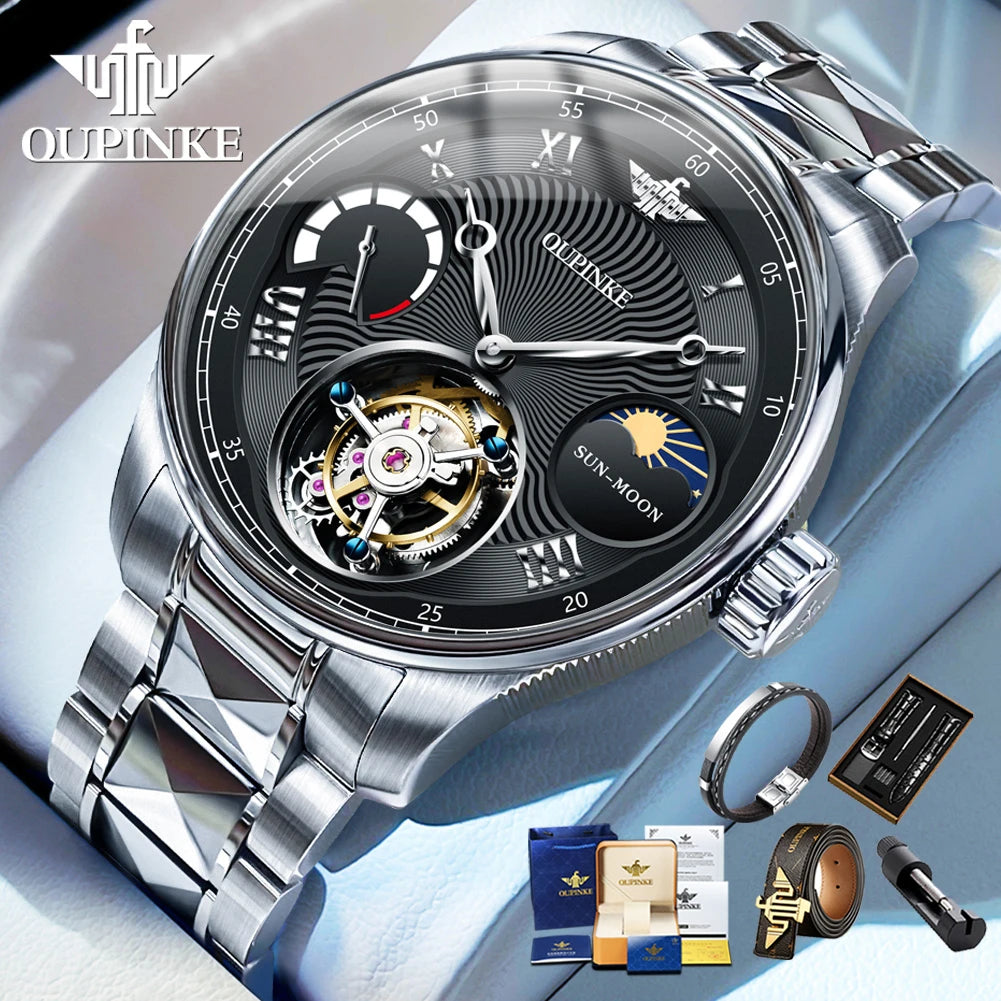 OUPINKE 8001 Tourbillon Watch for Men High-end Luxury Skeleton Flywheel 24hour Moon Phase Chrono Multifunction Mechanical Watch